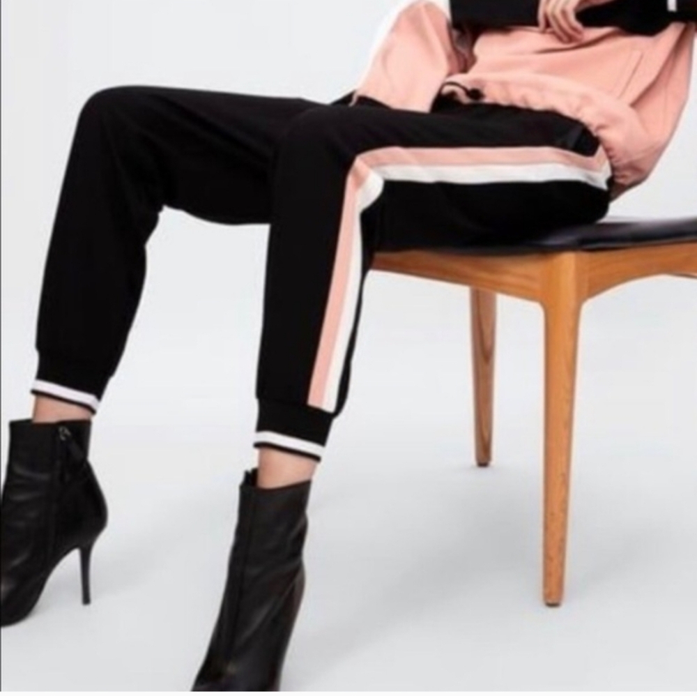 Zara Black with Pink and White Side Stripe Elastic Waist Pull On Jogger Size L